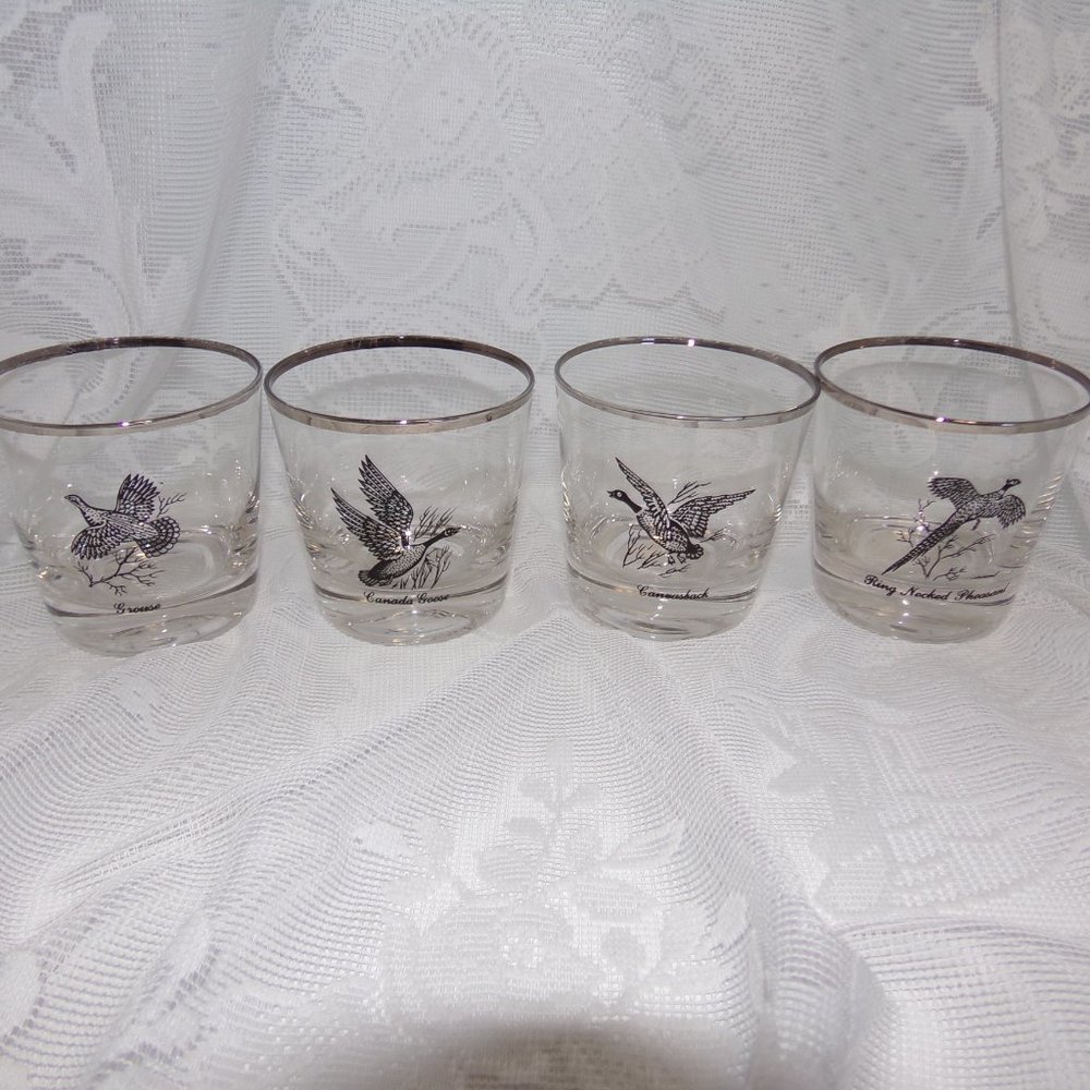 4 Federal Glass Sportsman 4 3/8" Whiskey Rocks Glasses Game Birds Silver Rim